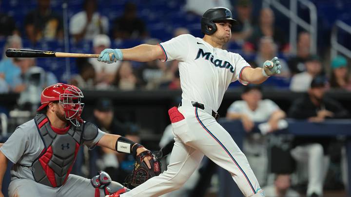 Apr 22, 2026; Miami, Florida, USA; Miami Marlins center fielder Jakob Marsee (87) hits an RBI single against the St. Louis Cardinals during the fourth inning at loanDepot Park. Mandatory Credit: Sam Navarro-Imagn Images