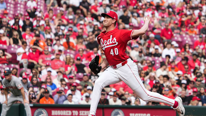 Reds Nick Lodolo (40) throws his first pitch of their game against the San Francisco Giants at Great American Ball Park on Saturday March 29, 2025.