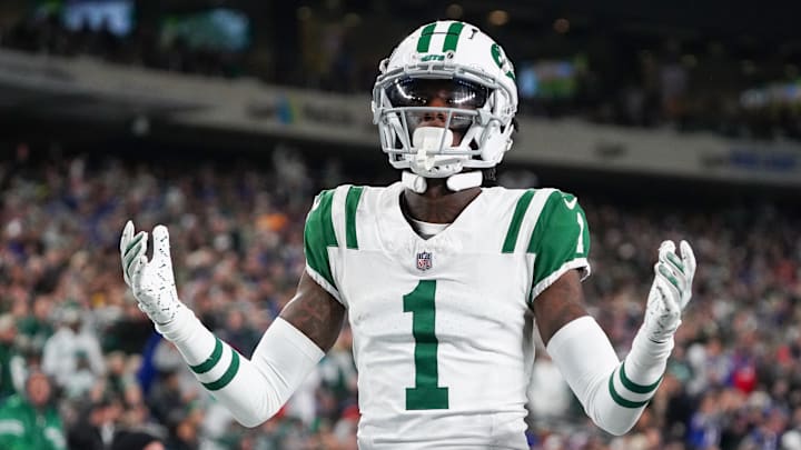 Oct 14, 2024; East Rutherford, New Jersey, USA; New York Jets cornerback Sauce Gardner (1) reacts to a call during the first half against the Buffalo Bills at MetLife Stadium. 