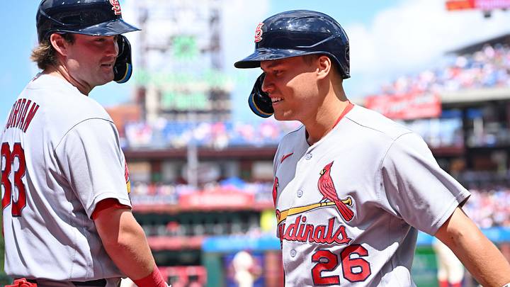 Aug 23, 2026; Philadelphia, Pennsylvania, USA; St. Louis Cardinals second baseman JJ Wetherholt (26) walks back to the dugout after scoring a run during the first inning against the Philadelphia Phillies at Citizens Bank Park. Mandatory Credit: Eric Hartline-Imagn Images