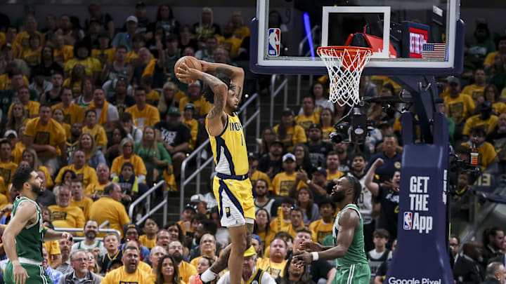 May 27, 2024; Indianapolis, Indiana, USA; Indiana Pacers forward Obi Toppin (1) attempts to score during the fourth quarter during game four of the eastern conference finals for the 2024 NBA playoffs at Gainbridge Fieldhouse. Mandatory Credit: Trevor Ruszkowski-USA TODAY Sports