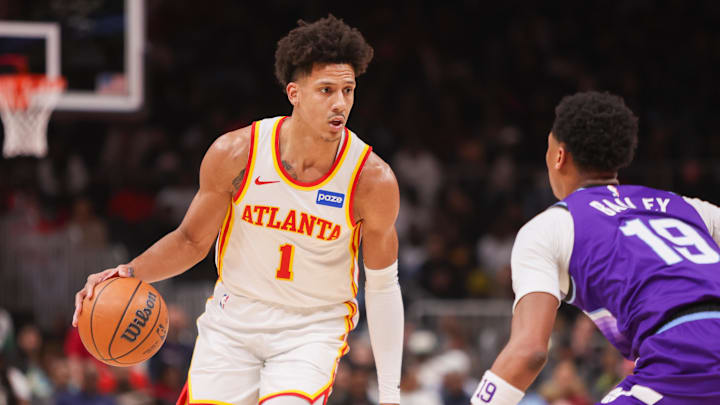 Feb 5, 2026; Atlanta, Georgia, USA; Atlanta Hawks forward Jalen Johnson (1) handles the ball against the Utah Jazz in the first quarter at State Farm Arena. Mandatory Credit: Brett Davis-Imagn Images