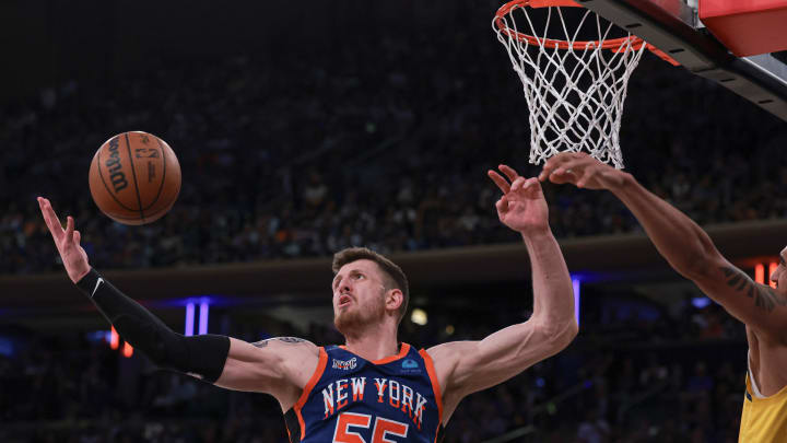 May 14, 2024; New York, New York, USA; New York Knicks center Isaiah Hartenstein (55) rebounds against Indiana Pacers forward Obi Toppin (1) during the second half during game five of the second round for the 2024 NBA playoffs at Madison Square Garden. Mandatory Credit: Vincent Carchietta-USA TODAY Sports