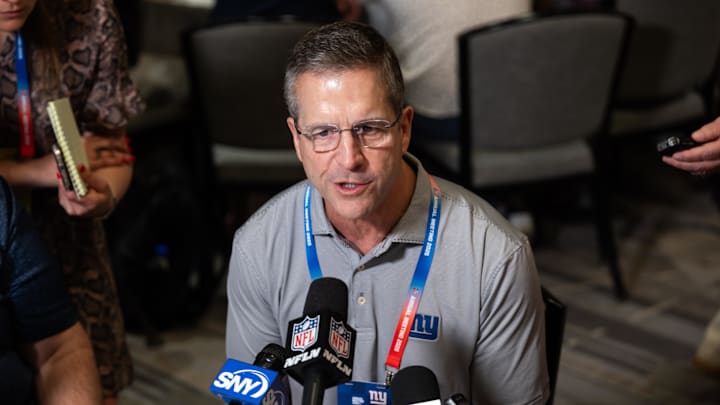 Mar 30, 2026; Phoenix, AZ, USA; New York Giants head coach John Harbaugh during the 2026 NFL Annual League Meeting at the Arizona Biltmore.  