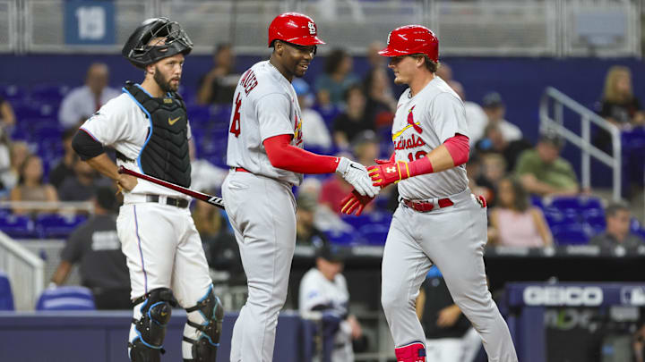Jul 5, 2023; Miami, Florida, USA; St. Louis Cardinals second baseman Nolan Gorman (16) celebrates with St. Louis Cardinals left fielder Jordan Walker (18) after hitting a two-run home run against the Miami Marlins during the third inning at loanDepot Park. Mandatory Credit: Sam Navarro-Imagn Images Jul 5, 2023; Miami, Florida, USA; St. Louis Cardinals second baseman Nolan Gorman (16) celebrates with St. Louis Cardinals left fielder Jordan Walker (18) after hitting a two-run home run against the Miami Marlins during the third inning at loanDepot Park. Mandatory Credit: Sam Navarro-Imagn Images
