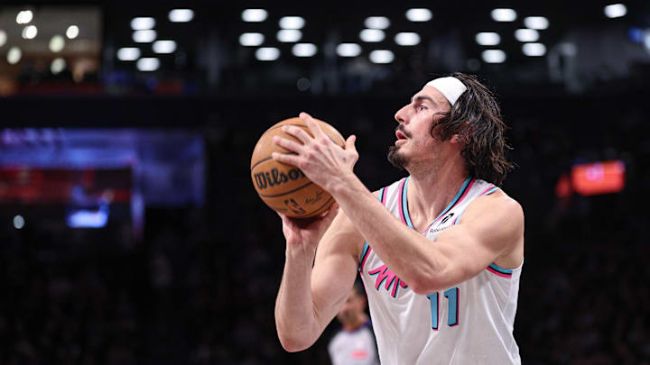 Feb 7, 2025; Brooklyn, New York, USA; Miami Heat guard Jaime Jaquez Jr. (11) shoots the ball during the second half against the Brooklyn Nets at Barclays Center. Mandatory Credit: Vincent Carchietta-Imagn Images