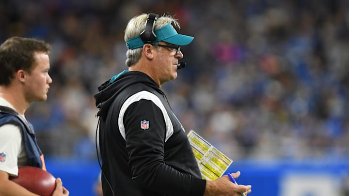 Dec 4, 2022; Detroit, Michigan, USA; Jacksonville Jaguars head coach Doug Pederson watches his team from the sidelines  against the Detroit Lions in the third quarter at Ford Field. Mandatory Credit: Lon Horwedel-Imagn Images
