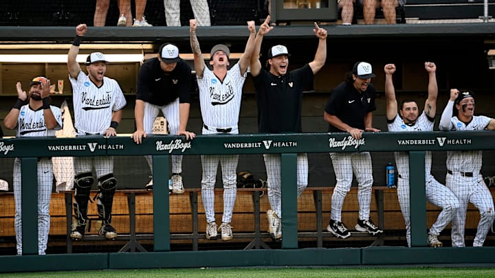 Vanderbilt players celebrate after Riley Nelson’s 2-run homer giving Vanderbilt the lead in the bottom of the eighth inning of the Nashville Regional NCAA Baseball Tournament game against Wright State at Hawkins Field Friday, May 30, 2025, in Nashville, Tenn. Vanderbilt won 4-3. Vanderbilt players celebrate after Riley Nelson’s 2-run homer giving Vanderbilt the lead in the bottom of the eighth inning of the Nashville Regional NCAA Baseball Tournament game against Wright State at Hawkins Field Friday, May 30, 2025, in Nashville, Tenn. Vanderbilt won 4-3.