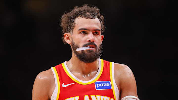 Dec 27, 2025; Atlanta, Georgia, USA; Atlanta Hawks guard Trae Young (11) in action against the New York Knicks in the third quarter at State Farm Arena. Mandatory Credit: Brett Davis-Imagn Images
