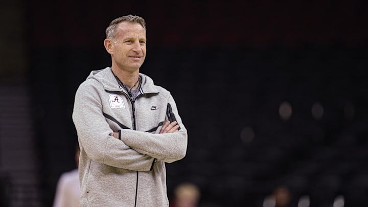 Mar 26, 2025; Newark, NJ, USA; Alabama Crimson Tide head coach Nate Oats during a practice session in preparation for an East Regional semifinal game against the Brigham Young Cougars at Prudential Center. Mandatory Credit: Vincent Carchietta-Imagn Images Mar 26, 2025; Newark, NJ, USA; Alabama Crimson Tide head coach Nate Oats during a practice session in preparation for an East Regional semifinal game against the Brigham Young Cougars at Prudential Center. Mandatory Credit: Vincent Carchietta-Imagn Images