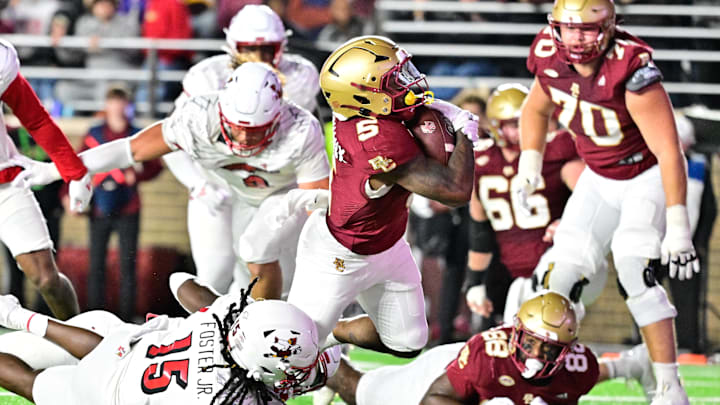 Oct 25, 2024; Chestnut Hill, Massachusetts, USA; Boston College Eagles running back Kye Robichaux (5) scores a touchdown against the Louisville Cardinals during the first half at Alumni Stadium. Mandatory Credit: Eric Canha-Imagn Images