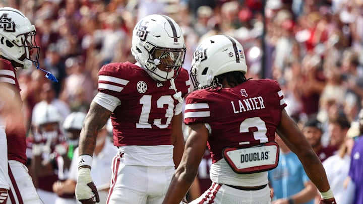 Mississippi State Bulldogs defensive back Jahron Manning (13) and defensive back Brylan Lanier (3) react against the Georgia Bulldogs against during the first half at Davis Wade Stadium at Scott Field.