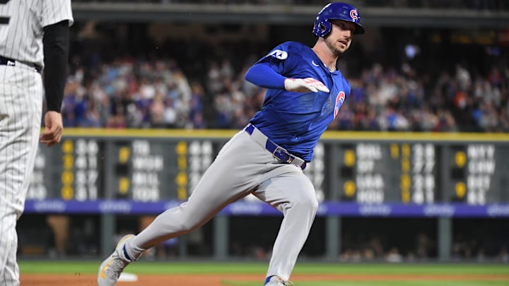 Aug 30, 2025; Denver, Colorado, USA; Chicago Cubs outfielder Kyle Tucker (30) rounds third base and scores during the fifth inning against the Colorado Rockies at Coors Field. Mandatory Credit: Christopher Hanewinckel-Imagn Images