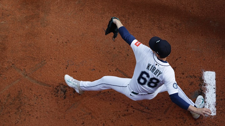 Seattle Mariners starting pitcher George Kirby (68) warms up in the bullpen before a game against the Baltimore Orioles at T-Mobile Park on June 3. Seattle Mariners starting pitcher George Kirby (68) warms up in the bullpen before a game against the Baltimore Orioles at T-Mobile Park on June 3.