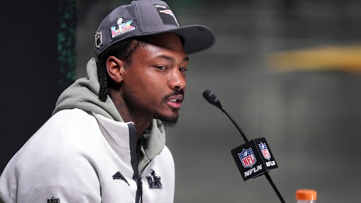 Feb 2, 2026; San Jose, CA, USA; New England Patriots wide receiver Stefon Diggs (8) speaks to media during Opening Night for Super Bowl LX at San Jose Convention Center. Mandatory Credit: Cary Edmondson-Imagn Images
