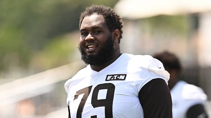 Jul 29, 2026; Berea, OH, USA; Cleveland Browns offensive tackle Dawand Jones (79) at CrossCountry Mortgage Campus. Mandatory Credit: Ken Blaze-Imagn Images Jul 29, 2026; Berea, OH, USA; Cleveland Browns offensive tackle Dawand Jones (79) at CrossCountry Mortgage Campus. Mandatory Credit: Ken Blaze-Imagn Images