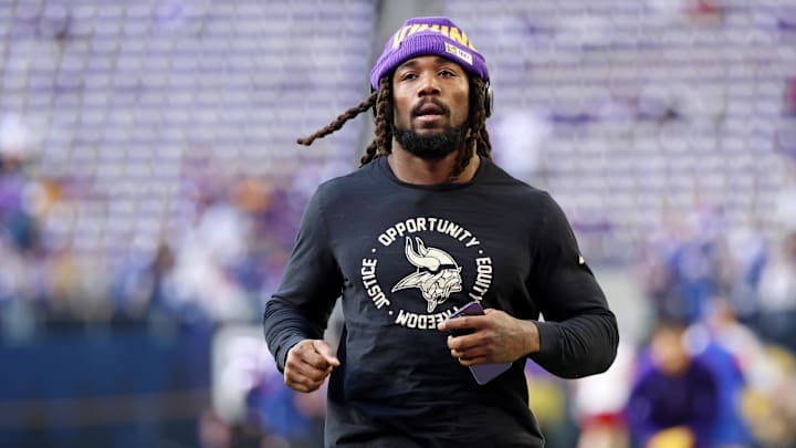 Jan 15, 2023; Minneapolis, Minnesota, USA; Minnesota Vikings running back Dalvin Cook (4) during warmups before a wild card game against the New York Giants at U.S. Bank Stadium. Mandatory Credit: Matt Krohn-Imagn Images
