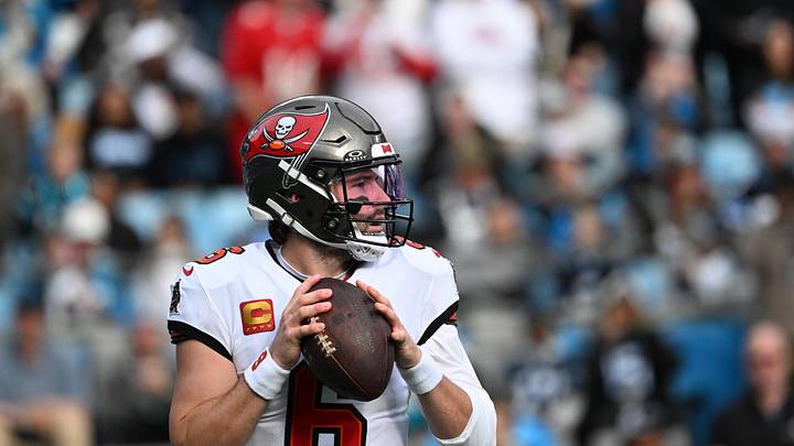 Dec 21, 2025; Charlotte, North Carolina, USA; Tampa Bay Buccaneers quarterback Baker Mayfield (6) looks to pass in the second quarter at Bank of America Stadium. Mandatory Credit: Bob Donnan-Imagn Images