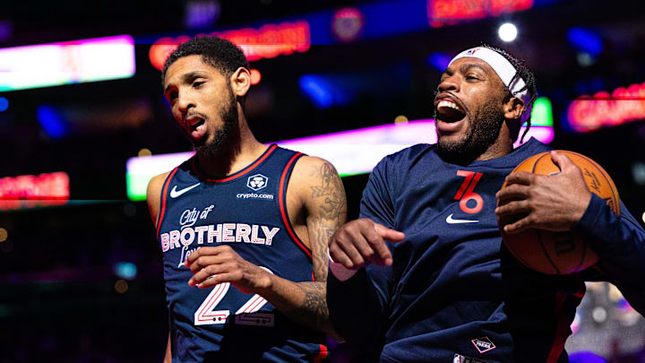 Apr 9, 2024; Philadelphia, Pennsylvania, USA; Philadelphia 76ers guard Cameron Payne (22) and guard Buddy Hield (17) reacts during introductions before action against the Detroit Pistons at Wells Fargo Center. Mandatory Credit: Bill Streicher-Imagn Images Apr 9, 2024; Philadelphia, Pennsylvania, USA; Philadelphia 76ers guard Cameron Payne (22) and guard Buddy Hield (17) reacts during introductions before action against the Detroit Pistons at Wells Fargo Center. Mandatory Credit: Bill Streicher-Imagn Images