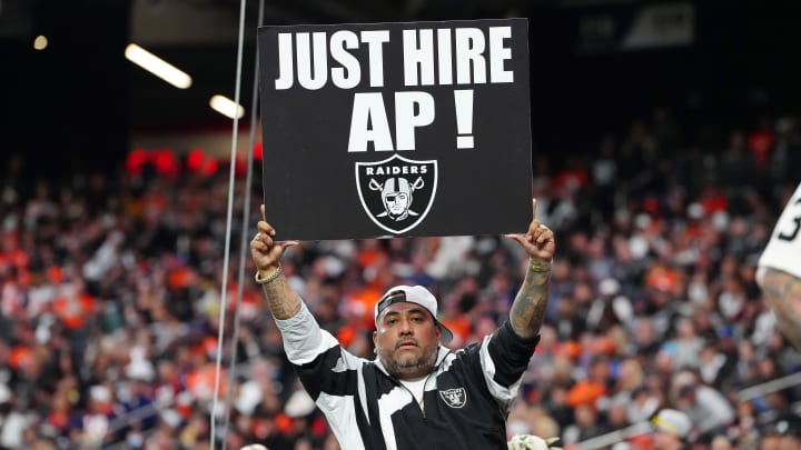 Jan 7, 2024; Paradise, Nevada, USA; A Las Vegas Raiders fan holds a sign during a game between the Raiders and the Denver Broncos during the second quarter at Allegiant Stadium. Mandatory Credit: Stephen R. Sylvanie-USA TODAY Sports