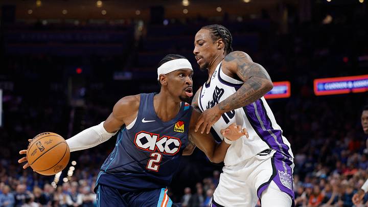 Nov 19, 2025; Oklahoma City, Oklahoma, USA; Oklahoma City Thunder guard Shai Gilgeous-Alexander (2) moves past Sacramento Kings guard DeMar DeRozan (10) during the second half at Paycom Center. Mandatory Credit: Alonzo Adams-Imagn Images Nov 19, 2025; Oklahoma City, Oklahoma, USA; Oklahoma City Thunder guard Shai Gilgeous-Alexander (2) moves past Sacramento Kings guard DeMar DeRozan (10) during the second half at Paycom Center. Mandatory Credit: Alonzo Adams-Imagn Images