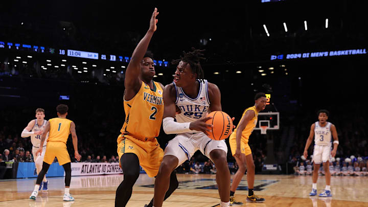 Mar 22, 2024; Brooklyn, NY, USA; Duke basketball forward Mark Mitchell (25) attempts to shoot the