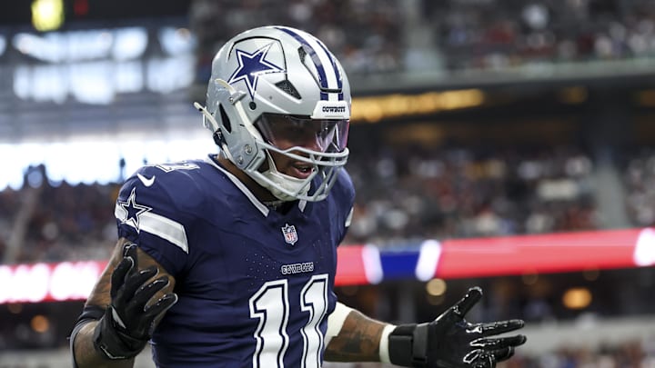 Jan 5, 2025; Arlington, Texas, USA;  Dallas Cowboys linebacker Micah Parsons (11) celebrates  after a sack during the first quarter against the Washington Commanders at AT&T Stadium. Mandatory Credit: Kevin Jairaj-Imagn Images