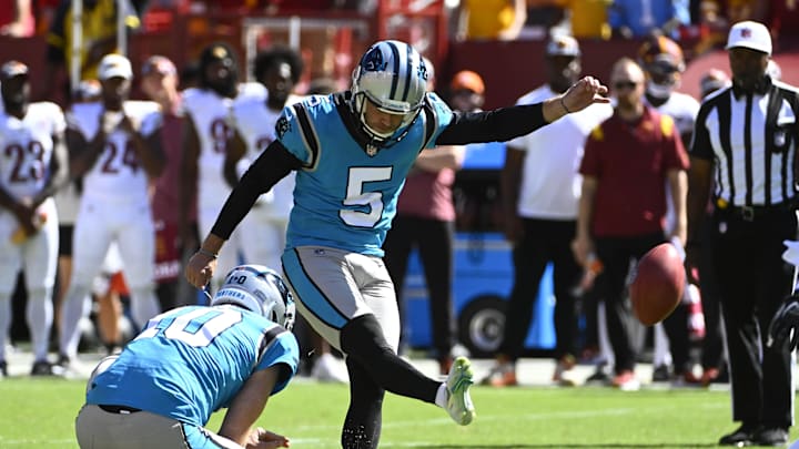 Aug 13, 2022; Landover, Maryland, USA; Carolina Panthers place kicker Zane Gonzalez (5) kicks the