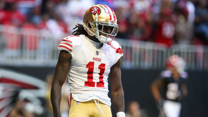 Oct 16, 2022; Atlanta, Georgia, USA; San Francisco 49ers wide receiver Brandon Aiyuk (11) celebrates after a touchdown against the Atlanta Falcons in the second quarter at Mercedes-Benz Stadium. Mandatory Credit: Brett Davis-USA TODAY Sports