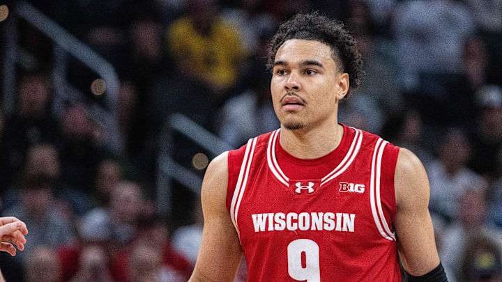 Mar 15, 2025; Indianapolis, IN, USA; Wisconsin Badgers guard John Tonje (9) in the second half  against the Michigan State Spartans at Gainbridge Fieldhouse. Mandatory Credit: Trevor Ruszkowski-Imagn Images