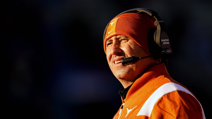 Nov 19, 2022; Lawrence, Kansas, USA; Texas Longhorns head coach Steve Sarkisian reacts after a penalty during the first half against the Kansas Jayhawks at David Booth Kansas Memorial Stadium. Mandatory Credit: Jay Biggerstaff-Imagn Images Nov 19, 2022; Lawrence, Kansas, USA; Texas Longhorns head coach Steve Sarkisian reacts after a penalty during the first half against the Kansas Jayhawks at David Booth Kansas Memorial Stadium. Mandatory Credit: Jay Biggerstaff-Imagn Images