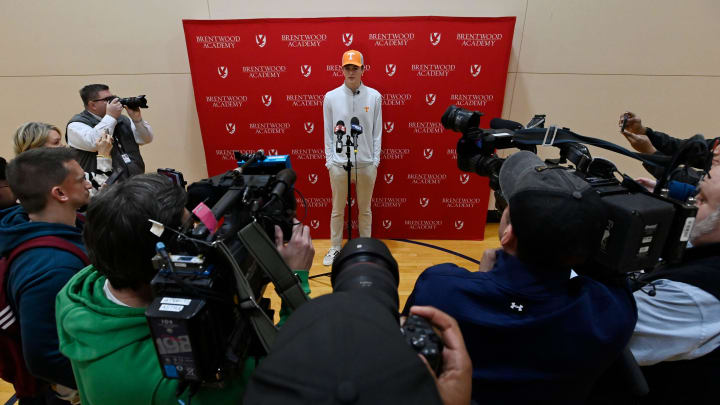Brentwood Academy quarterback George MacIntyre answers questions during new conference after committing to the University of Tennessee at Brentwood Academy on Monday, Jan. 22, 2024 in Brentwood, Tenn. MacIntyre is the number 3-ranked quarterback for the class 2025. Brentwood Academy quarterback George MacIntyre answers questions during new conference after committing to the University of Tennessee at Brentwood Academy on Monday, Jan. 22, 2024 in Brentwood, Tenn. MacIntyre is the number 3-ranked quarterback for the class 2025.
