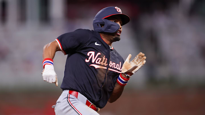 May 14, 2025; Atlanta, Georgia, USA; Washington Nationals shortstop Nasim Nunez (26) rounds third base against the Atlanta Braves in the eighth inning at Truist Park. May 14, 2025; Atlanta, Georgia, USA; Washington Nationals shortstop Nasim Nunez (26) rounds third base against the Atlanta Braves in the eighth inning at Truist Park.