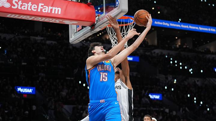 Oct 20, 2026; San Antonio, Texas, USA; Oklahoma City Thunder center Aday Mara (15) shoots in front of San Antonio Spurs forward Victor Wembanyama (1) in the first half at Frost Bank Center. Mandatory Credit: Daniel Dunn-Imagn Images Oct 20, 2026; San Antonio, Texas, USA; Oklahoma City Thunder center Aday Mara (15) shoots in front of San Antonio Spurs forward Victor Wembanyama (1) in the first half at Frost Bank Center. Mandatory Credit: Daniel Dunn-Imagn Images