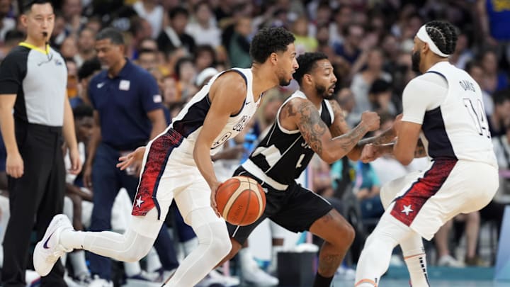 Jul 31, 2024; Villeneuve-d'Ascq, France; United States guard Tyrese Haliburton (9) drives in the second quarter against South Sudan during the Paris 2024 Olympic Summer Games at Stade Pierre-Mauroy. Mandatory Credit: John David Mercer-Imagn Images