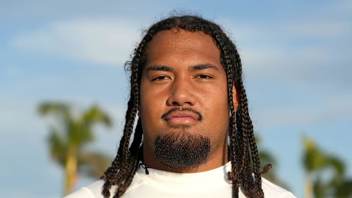 (#44) Keenyi Pepe, OL, 6'7, 330 pounds, for the white team, Class of 2026, during IMG's Academy Pro Day held at IMG's football field in Bradenton, FL on Thursday, Feb, 27, 2025.