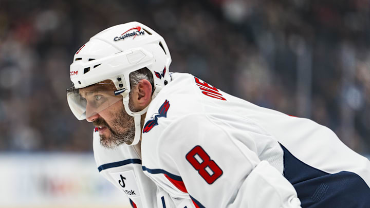 Jan 21, 2026; Vancouver, British Columbia, CAN; Washington Capitals forward Alex Ovechkin (8) during a stop in play against the Vancouver Canucks in the first period at Rogers Arena. Mandatory Credit: Bob Frid-Imagn Images