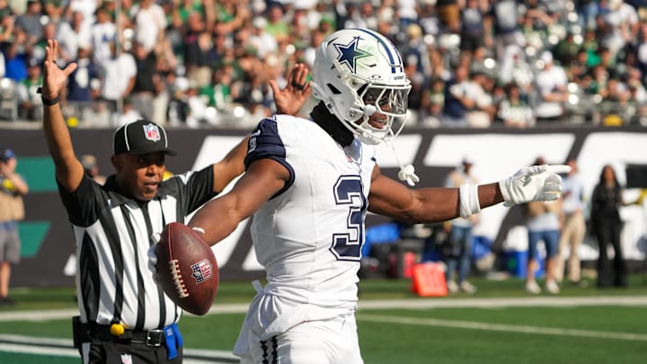 Dallas Cowboys wide receiver George Pickens reacts after a touchdown against the New York Jets at MetLife Stadium. Dallas Cowboys wide receiver George Pickens reacts after a touchdown against the New York Jets at MetLife Stadium.