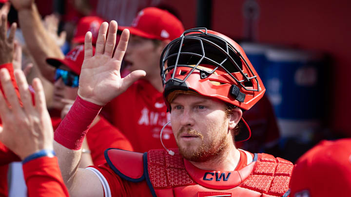 Feb 27, 2024; Tempe, Arizona, USA; Los Angeles Angels catcher Chad Wallach against the Milwaukee Brewers during a spring training game at Tempe Diablo Stadium. Mandatory Credit: Mark J. Rebilas-USA TODAY Sports