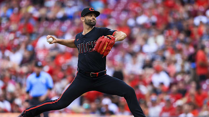 Jun 27, 2025; Cincinnati, Ohio, USA; Cincinnati Reds starting pitcher Nick Martinez (28) pitches against the San Diego Padres in the first inning at Great American Ball Park. Mandatory Credit: Katie Stratman-Imagn Images