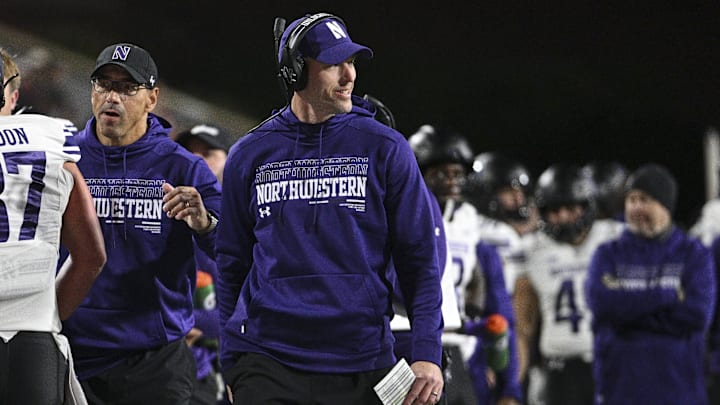 Oct 11, 2024; College Park, Maryland, USA; Northwestern Wildcats head coach David Braun walks the sidelines during the first half against the Maryland Terrapins at SECU Stadium. Mandatory Credit: Tommy Gilligan-Imagn Images Oct 11, 2024; College Park, Maryland, USA; Northwestern Wildcats head coach David Braun walks the sidelines during the first half against the Maryland Terrapins at SECU Stadium. Mandatory Credit: Tommy Gilligan-Imagn Images