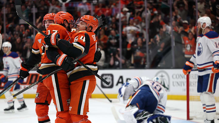 Apr 24, 2026; Anaheim, California, USA;  Anaheim Ducks left wing Alex Killorn (left) celebrates with center Mikael Granlund (right) after scoring a goal during the second period against the Edmonton Oilers in game three of the first round of the 2026 Stanley Cup Playoffs at Honda Center. Mandatory Credit: Kiyoshi Mio-Imagn Images