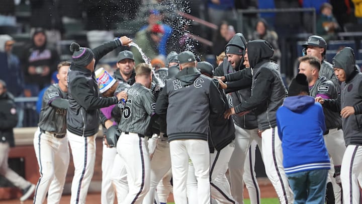 Mar 28, 2026; New York City, New York, USA; New York Mets center fielder Luis Robert Jr. (88) gets dosed with water as teammates mob in celebration of getting a three run walk off home run Pittsburgh Pirates first baseman Spencer Horwitz (2) during the eleventh inning at Citi Field. Mandatory Credit: Gregory Fisher-Imagn Images Mar 28, 2026; New York City, New York, USA; New York Mets center fielder Luis Robert Jr. (88) gets dosed with water as teammates mob in celebration of getting a three run walk off home run Pittsburgh Pirates first baseman Spencer Horwitz (2) during the eleventh inning at Citi Field. Mandatory Credit: Gregory Fisher-Imagn Images