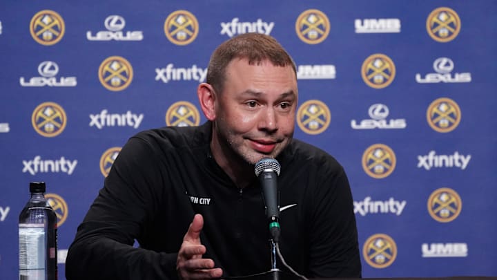 Feb 22, 2026; San Francisco, California, USA;  Denver Nuggets head coach David Adelman addresses the media before the game against the Golden State Warriors at Chase Center. Mandatory Credit: David Gonzales-Imagn Images