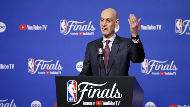 Jun 5, 2025; Oklahoma City, Oklahoma, USA; NBA commissioner Adam Silver speaks to the media before game one between the Oklahoma City Thunder and the Indiana Pacers in the 2025 NBA Finals at Paycom Center. Mandatory Credit: Alonzo Adams-Imagn Images Jun 5, 2025; Oklahoma City, Oklahoma, USA; NBA commissioner Adam Silver speaks to the media before game one between the Oklahoma City Thunder and the Indiana Pacers in the 2025 NBA Finals at Paycom Center. Mandatory Credit: Alonzo Adams-Imagn Images