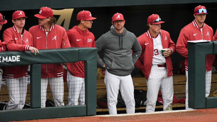 Feb 17, 2024; Tuscaloosa, Alabama, USA; New Alabama head baseball coach Rob Vaughn watches his team perform in the game with Manhattan at Sewell-Thomas Stadium Saturday. Feb 17, 2024; Tuscaloosa, Alabama, USA; New Alabama head baseball coach Rob Vaughn watches his team perform in the game with Manhattan at Sewell-Thomas Stadium Saturday.