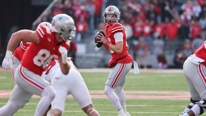 Nov 22, 2025; Columbus, Ohio, USA; Ohio State Buckeyes quarterback Julian Sayin (10) looks to throw a pass to tight end Maxence LeBlanc (88) against the Rutgers Scarlet Knights during the first quarter at Ohio Stadium. Mandatory Credit: Joseph Maiorana-Imagn Images Nov 22, 2025; Columbus, Ohio, USA; Ohio State Buckeyes quarterback Julian Sayin (10) looks to throw a pass to tight end Maxence LeBlanc (88) against the Rutgers Scarlet Knights during the first quarter at Ohio Stadium. Mandatory Credit: Joseph Maiorana-Imagn Images
