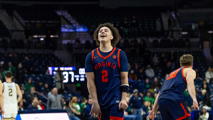 Jan 27, 2026; South Bend, Indiana, USA; Virginia Cavaliers guard Chance Mallory (2) celebrates beating the Notre Dame Fighting Irish after the second overtime at Purcell Pavilion at the Joyce Center. Mandatory Credit: Michael Caterina-Imagn Images