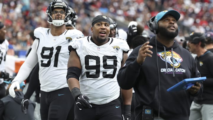 Sep 29, 2024; Houston, Texas, USA; Jacksonville Jaguars defensive tackle Jeremiah Ledbetter (99) during the game against the Houston Texans at NRG Stadium. Mandatory Credit: Troy Taormina-Imagn Images