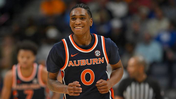 Mar 12, 2026; Nashville, TN, USA;  Auburn Tigers guard Tahaad Pettiford (0) reacts after a made three point basketagainst the Tennessee Volunteers during the first half at Bridgestone Arena. Mandatory Credit: Steve Roberts-Imagn Images